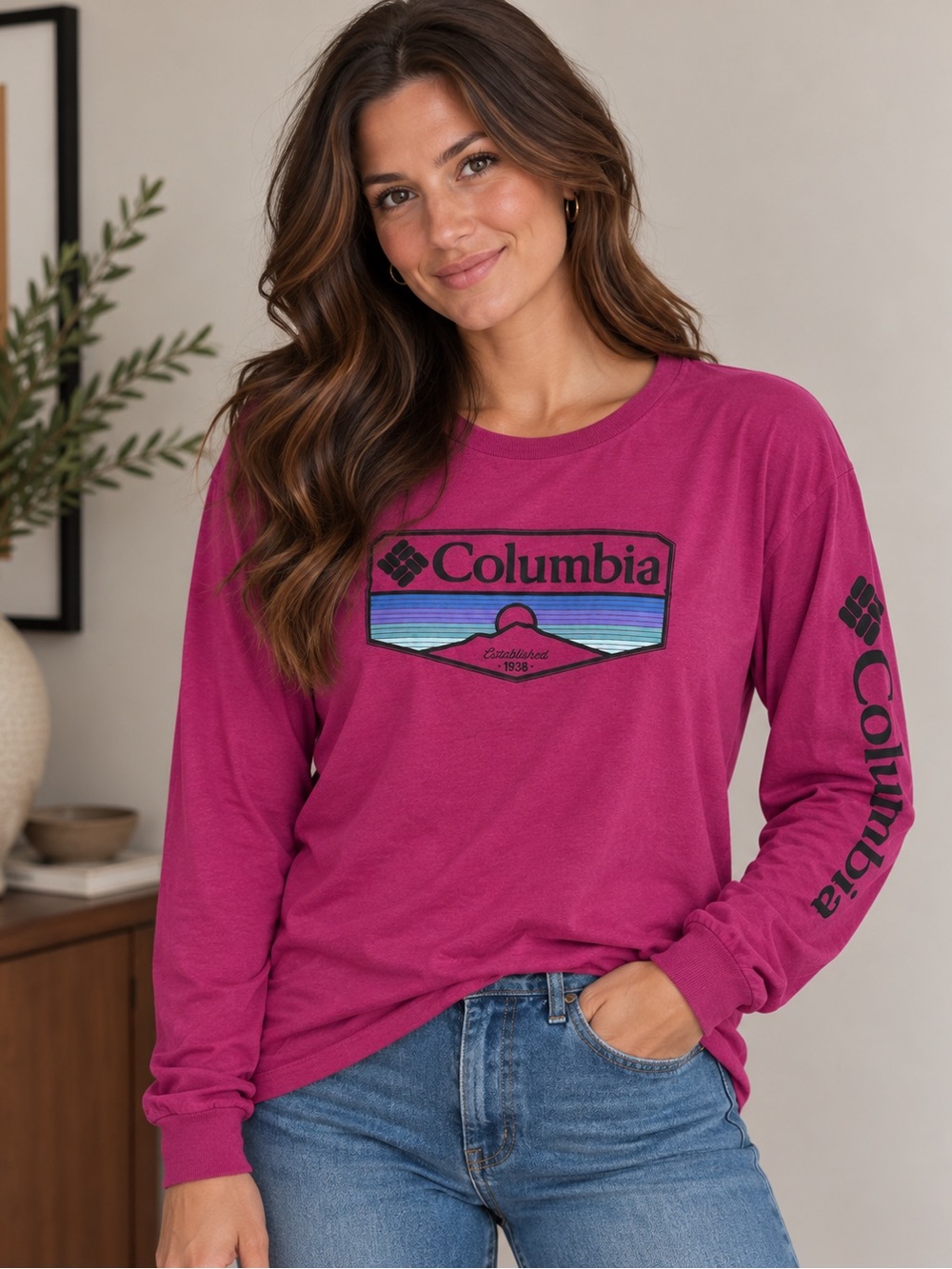 Columbia Women's Long-Sleeve Logo Tee in Berry Pink